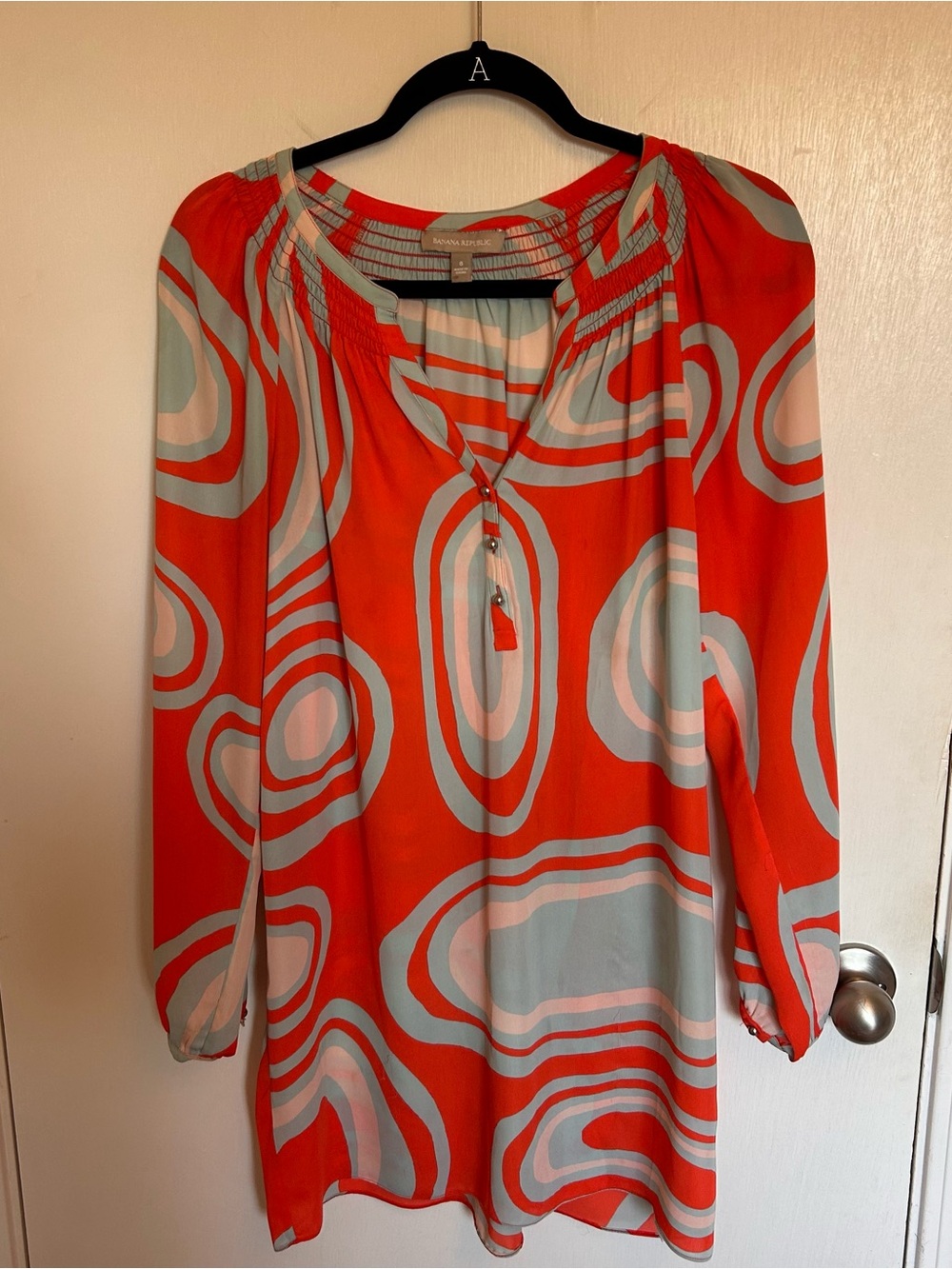 Banana Republic Red, Light Blue and Cream Long Sleeve Printed Dress